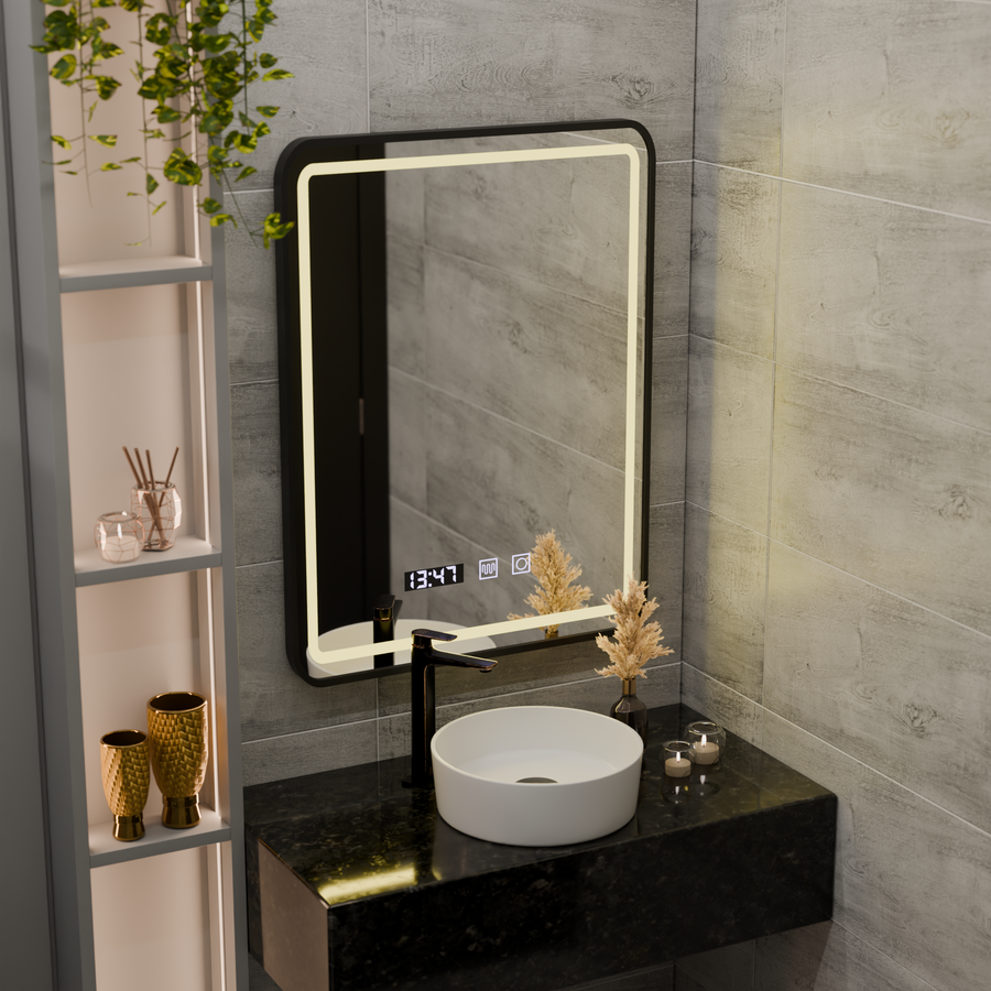 LED Touch Karl Mirror System, ρολόι και θερμοκρασία 50x70 cm Black BrushD πλαίσιο