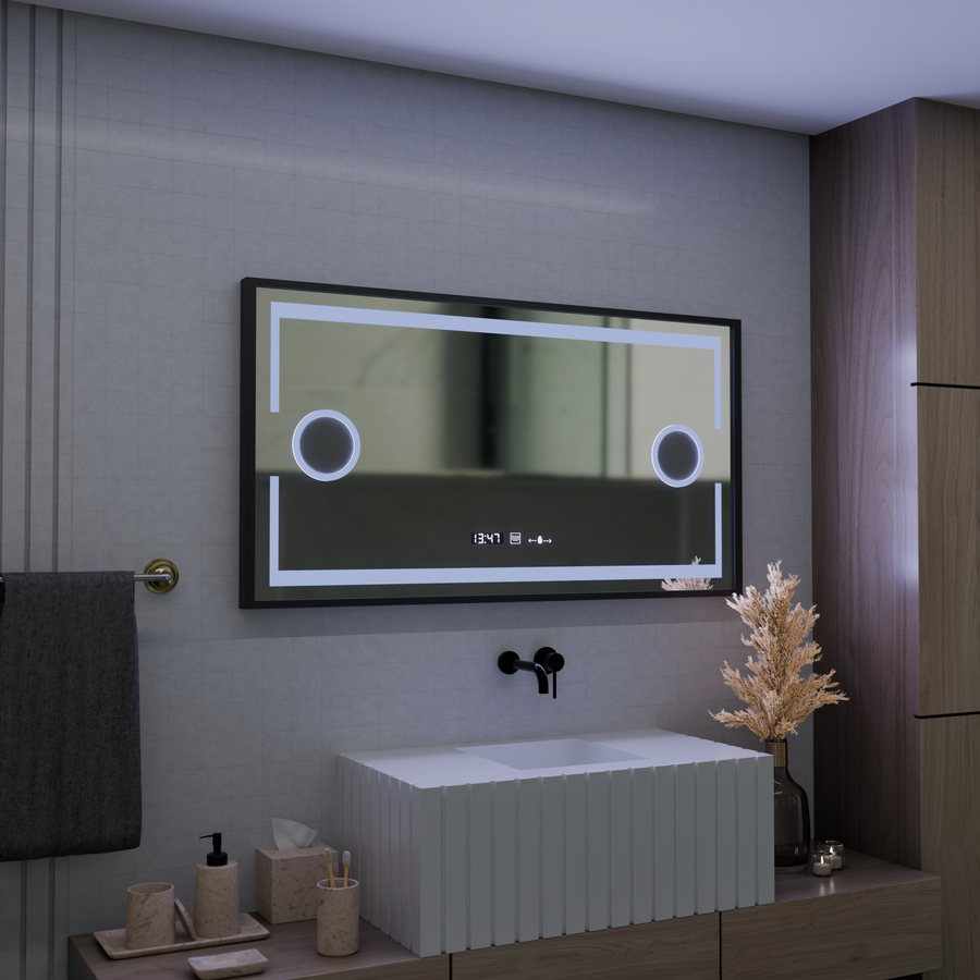 LED Mirror Motion Glow Sensor Domingo με συνάρτηση απόψυξης απόψυξης 120x65 cm κρύο/ζεστό/ζεστό φως, μαύρο βουρτσισμένο πλαίσιο, συλλογή Marcello Funghi