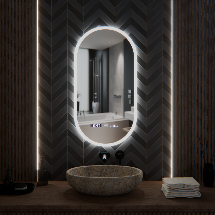 Οβάλ καθρέφτης LED, 50x100cm, Lucia Sensor Marcello, Σύστημα Demister, Ρολόι & Θερμόμετρο, Dimmable