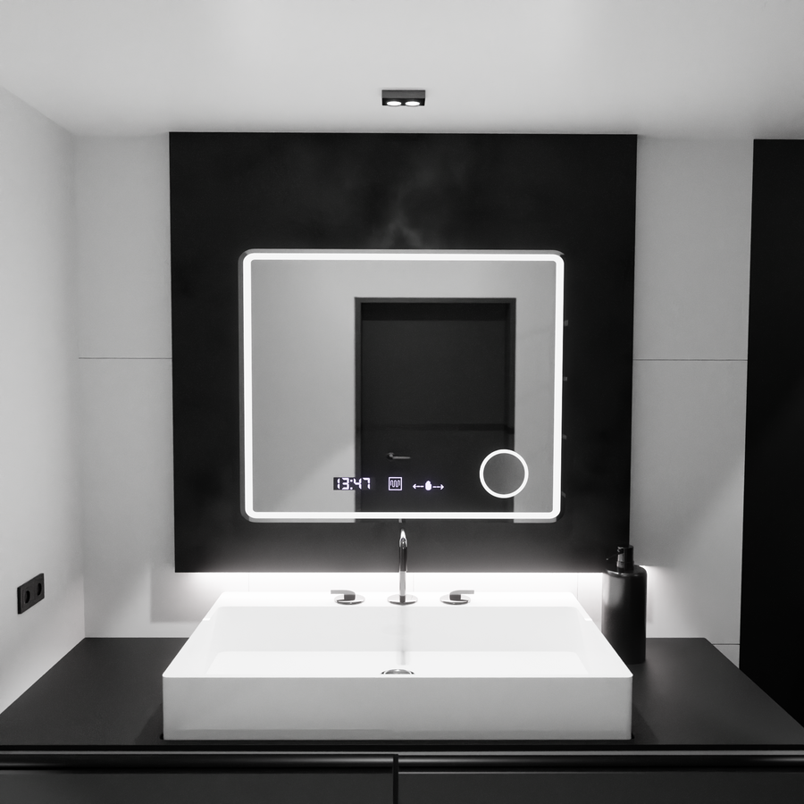 Mirror LED ορθογώνια 90x75cm Eco Riflesso Puro Motionglow Marcello Διάργηση Ρολόι & Wolf Θερμόμετρο