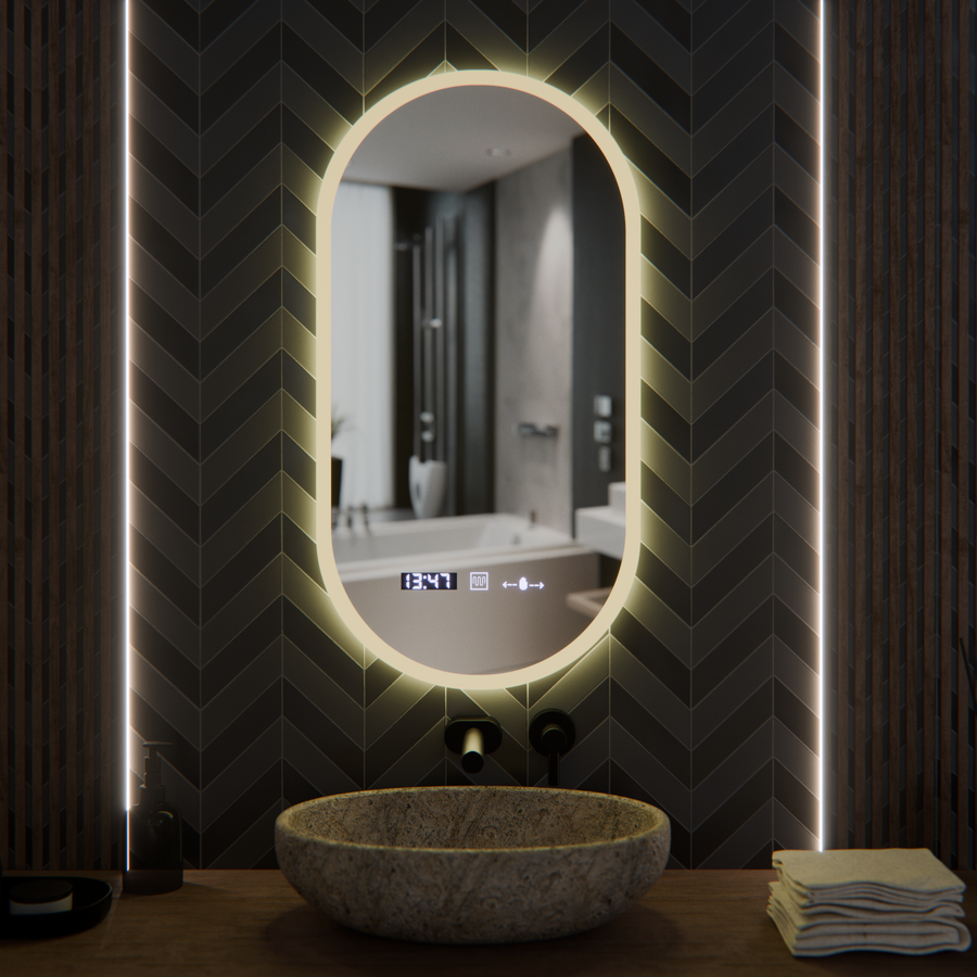 Οβάλ καθρέφτης LED, 50x100cm, Lucia Sensor Marcello, Σύστημα Demister, Ρολόι & Θερμόμετρο, Dimmable