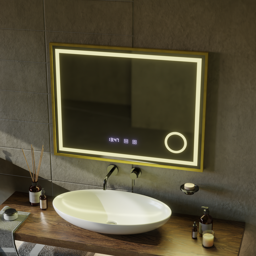 Mirror LED Touch Rolf Rolf Systems, ρολόι και θερμοκρασία 80x60 cm Χρυσή Ramahed Cosmetics LUP