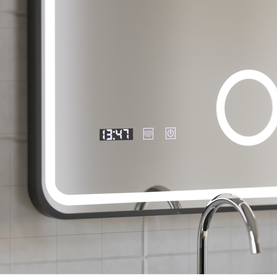 Mirror LED Touch Ulrich ΣΥΣΤΗΜΑ ΔΙΑΚΟΠΗΣ, Ρολόι και Θερμοκρασία 60x80 cm Μαύρο Ramahed Cosmetics LUP