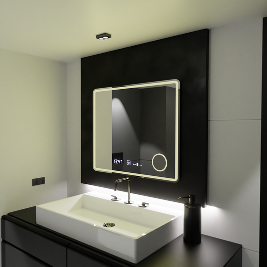 Ορθογώνιος καθρέφτης LED, 90x75 cm, Riflesso MotionGlow Marcello, Σύστημα Demister, Ρολόι & Θερμόμετρο, Καλλυντικό Μεγεθυντικός φακός, Dimable