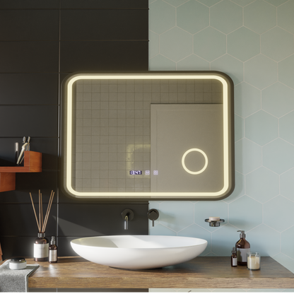 Mirror LED Touch Bernd Σύστημα απόψυξης, ρολόι και θερμοκρασία 80x60 cm Black Brush Fund Cosmetica