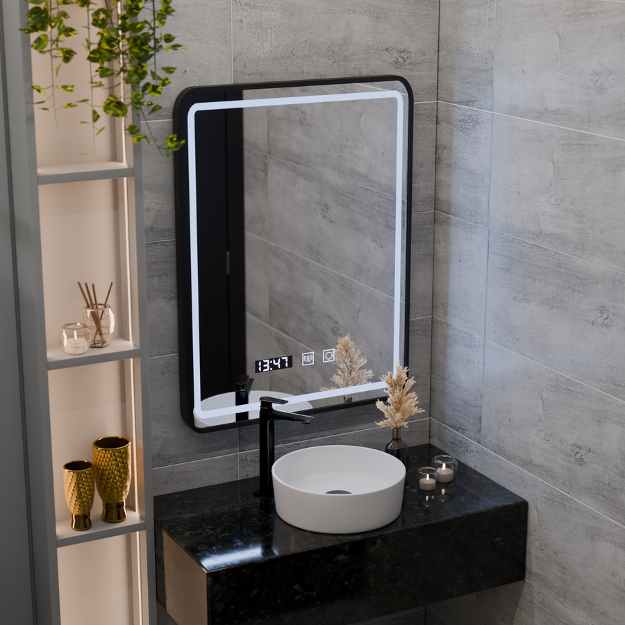 LED Touch Karl Mirror System, ρολόι και θερμοκρασία 50x70 cm Black BrushD πλαίσιο