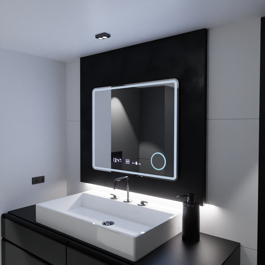 Mirror LED ορθογώνια 90x75cm Eco Riflesso Puro Motionglow Marcello Διάργηση Ρολόι & Wolf Θερμόμετρο