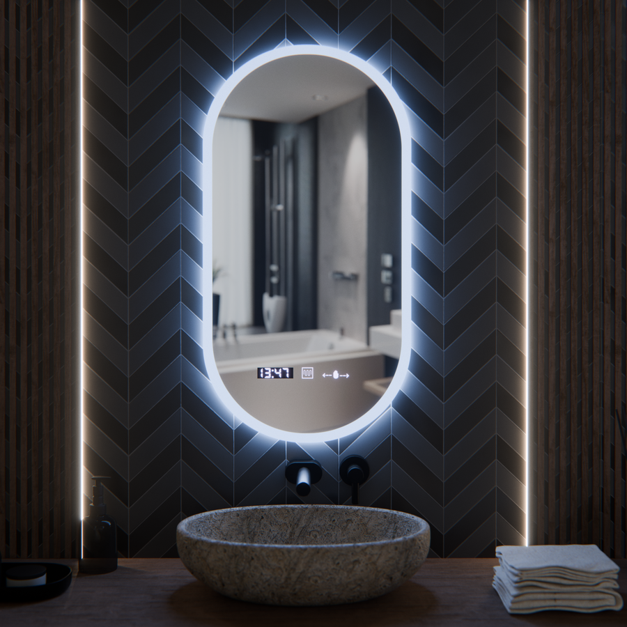 Οβάλ καθρέφτης LED, 50x100cm, Lucia Sensor Marcello, Σύστημα Demister, Ρολόι & Θερμόμετρο, Dimmable