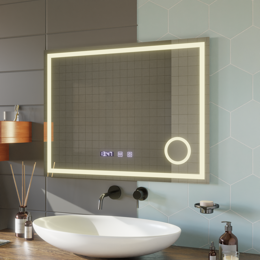 LED Touch Gunter Mirror System, ρολόι και θερμοκρασία 80x60 cm καλλυντική μεγέθυνση