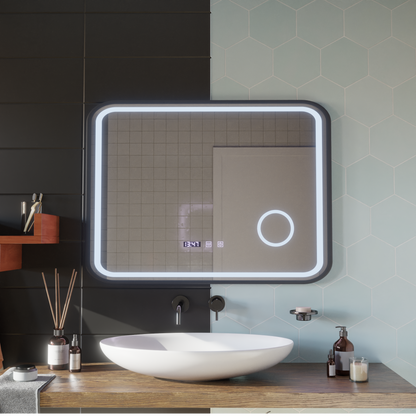 Mirror LED Touch Bernd Σύστημα απόψυξης, ρολόι και θερμοκρασία 80x60 cm Black Brush Fund Cosmetica