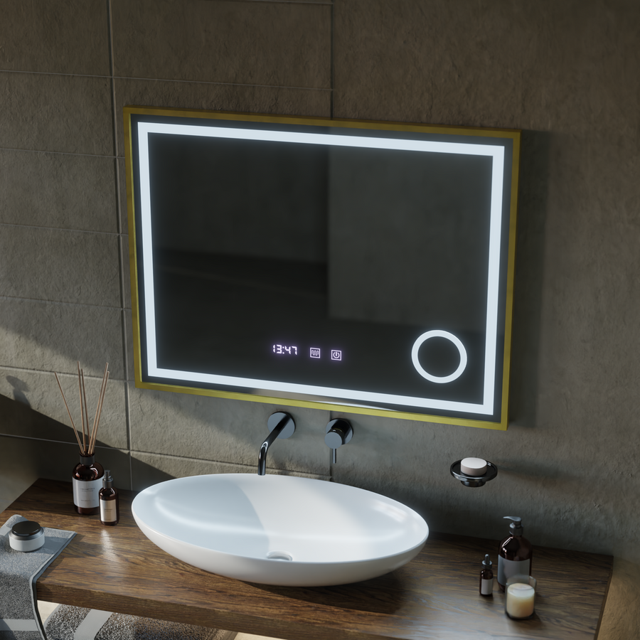 Mirror LED Touch Rolf Rolf Systems, ρολόι και θερμοκρασία 80x60 cm Χρυσή Ramahed Cosmetics LUP