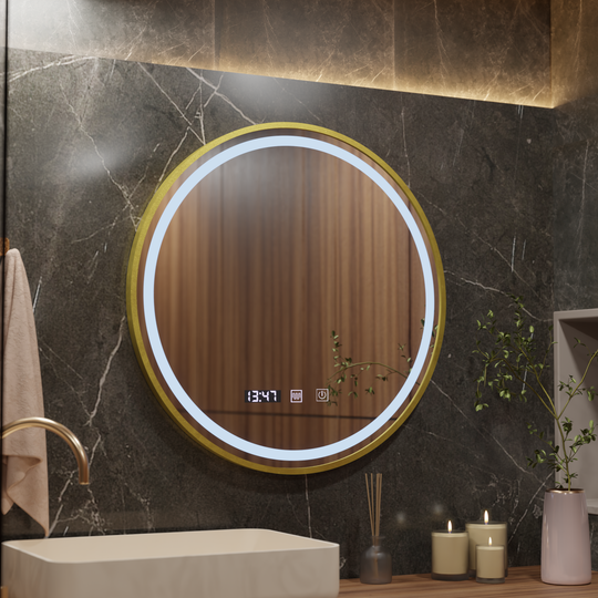 Καθρέφτης LED Touch LUSSO Σύστημα αποθολώματος, Ρολόι και θερμοκρασία, 70 cm, Βουρτσισμένο χρυσό πλαίσιο Καθρέπτες Korman S Προεπιλεγμένος τίτλος Alessandro Design