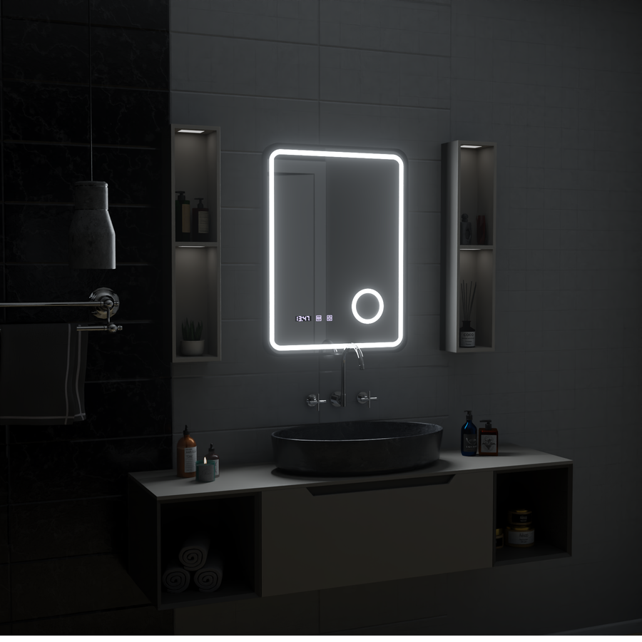 Mirror LED Touch Ulrich ΣΥΣΤΗΜΑ ΔΙΑΚΟΠΗΣ, Ρολόι και Θερμοκρασία 60x80 cm Μαύρο Ramahed Cosmetics LUP