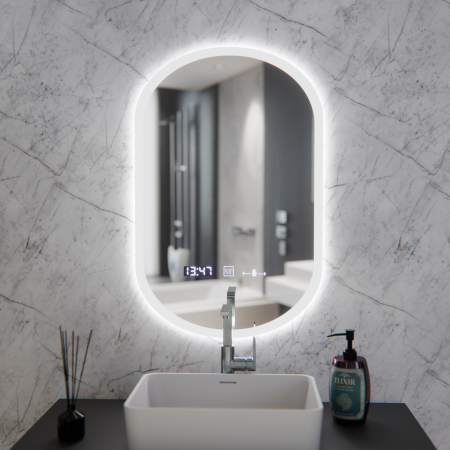 Οβάλ καθρέφτης LED, 50x80cm, Lucia Sensor Marcello, Σύστημα Demister, Ρολόι & Θερμόμετρο, Ρυθμιζόμενο
