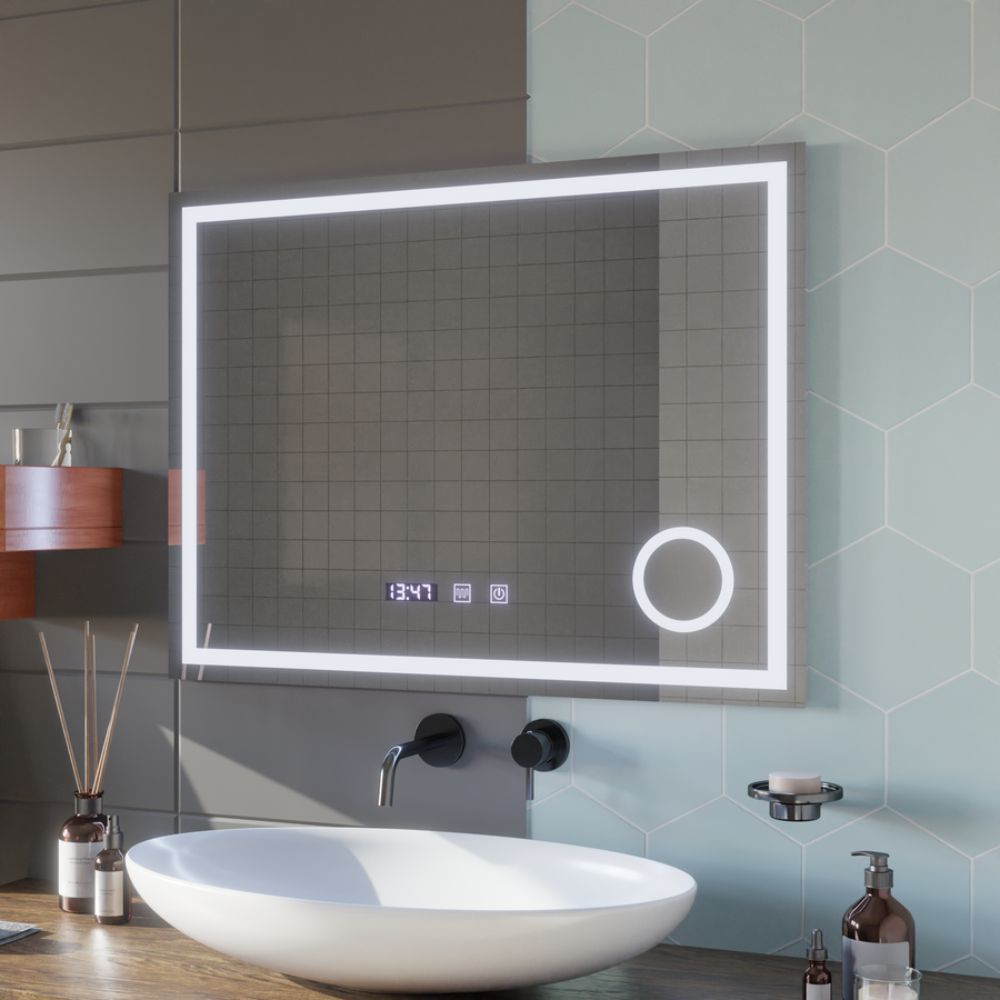 LED Touch Gunter Mirror System, ρολόι και θερμοκρασία 80x60 cm καλλυντική μεγέθυνση