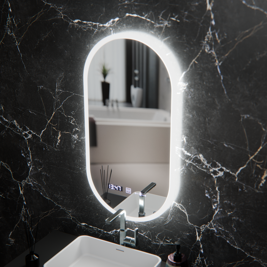 Οβάλ καθρέφτης LED, 50x100cm, Lucia Sensor Marcello, Σύστημα Demister, Ρολόι & Θερμόμετρο, Dimmable