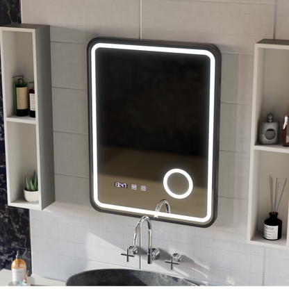 Mirror LED Touch Ulrich ΣΥΣΤΗΜΑ ΔΙΑΚΟΠΗΣ, Ρολόι και Θερμοκρασία 60x80 cm Μαύρο Ramahed Cosmetics LUP