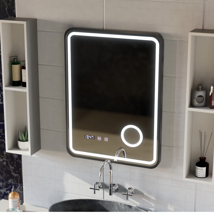Mirror LED Touch Ulrich ΣΥΣΤΗΜΑ ΔΙΑΚΟΠΗΣ, Ρολόι και Θερμοκρασία 60x80 cm Μαύρο Ramahed Cosmetics LUP