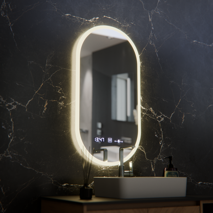 Οβάλ καθρέφτης LED, 50x100cm, Lucia Sensor Marcello, Σύστημα Demister, Ρολόι & Θερμόμετρο, Dimmable