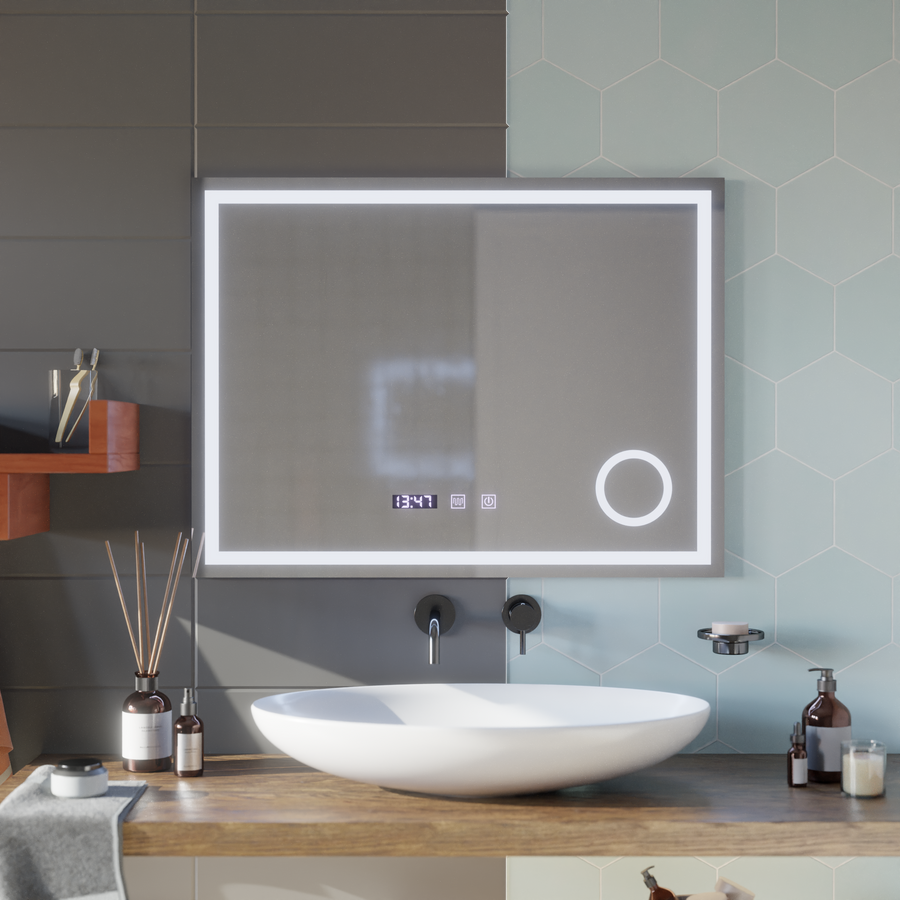 LED Touch Gunter Mirror System, ρολόι και θερμοκρασία 80x60 cm καλλυντική μεγέθυνση