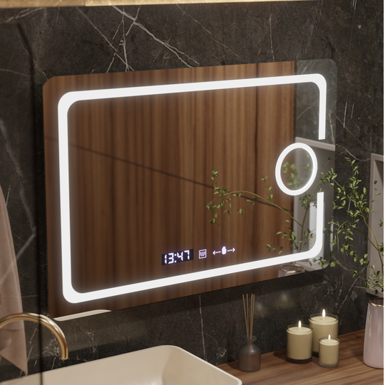 Ορθογώνιος καθρέφτης LED, 120x80cm, Eclat MotionGlow Marcello, Σύστημα αποθαμβώματος, Ρολόι & Θερμόμετρο, Καλλυντικός Μεγεθυντικός φακός, Dimable Marcello Mirrors Προεπιλεγμένος τίτλος Alessandro Design