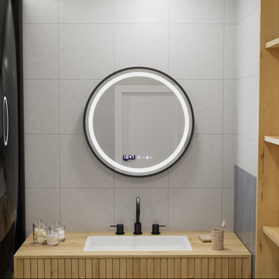 60cm Round LED Mirror Majesté Noir Motionglow Marcello Dimable Clock Disrosting System