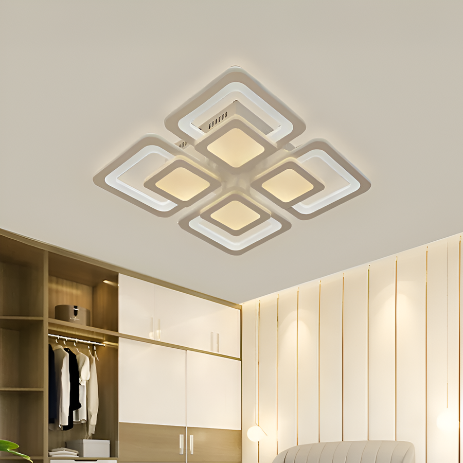 LED πολυέλαιος με τηλεχειριστήριο σουσάμι, 77W, 4 τετράγωνα, κρύο/ζεστό/ουδέτερο φως, ασταθές, λευκό
