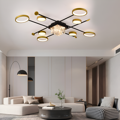 Πολυέλαιος LED με τηλεχειριστήριο και κρύσταλλο GUIDA 46W, 8 Στοιχεία, Κρύο/Ζεστό/Ουδέτερο φως, Ρυθμιζόμενο, Μαύρο Χρυσό