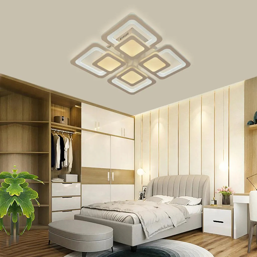 LED πολυέλαιος με τηλεχειριστήριο σουσάμι, 77W, 4 τετράγωνα, κρύο/ζεστό/ουδέτερο φως, ασταθές, λευκό