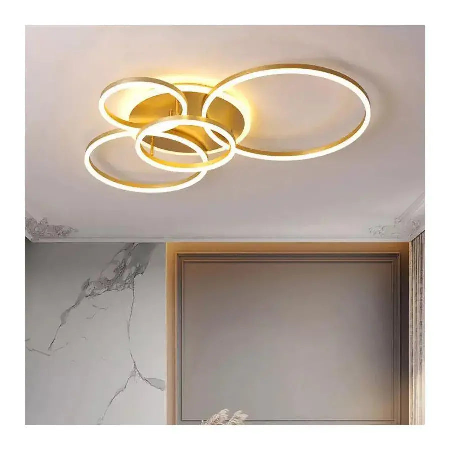 LED πολυέλαιος με τηλεχειριστήριο Lyra, 220W, 4 κύκλοι, δοκός, βουρτσισμένο χρυσό, κρύο/ζεστό/ουδέτερο φως