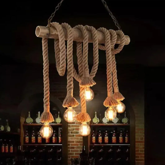 Ρετρό πολυέλαιο, 6*E27, Brown, Bamboo και Rope