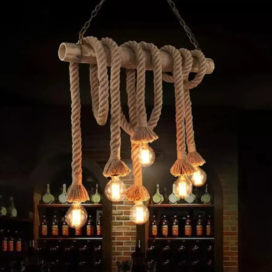 Ρετρό πολυέλαιο, 6*E27, Brown, Bamboo και Rope