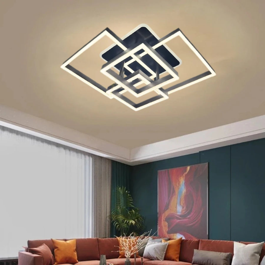 Lustra LED cu telecomanda EMMA 190W,  4 Patrate, lumina Rece/Calda/Neutra, Dimabila, Negru