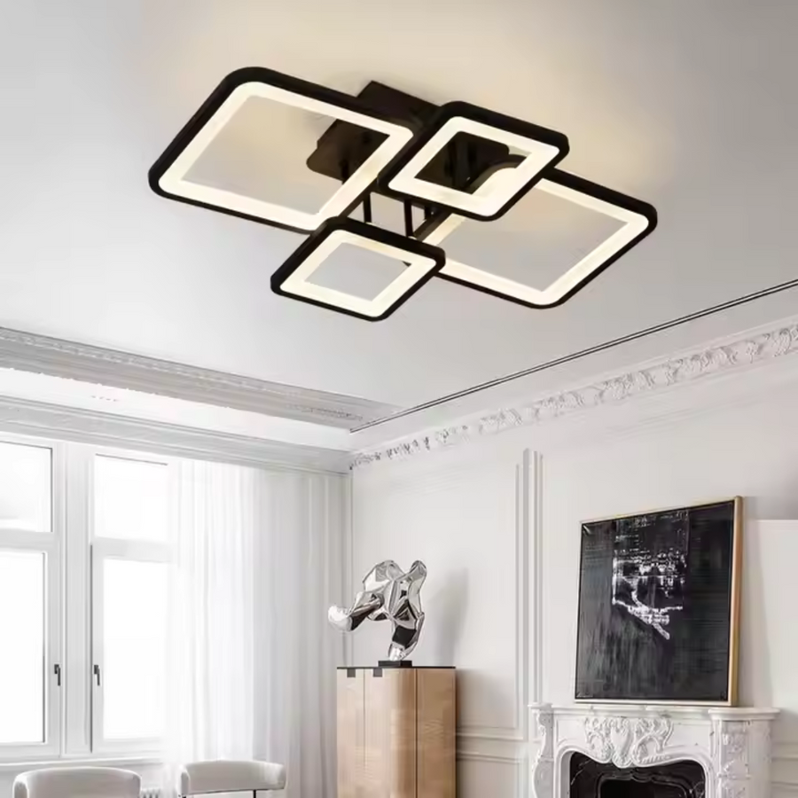 LED πολυέλαιος με τηλεχειριστήριο, Ella, 4 τετράγωνα, 85W, κρύο/ζεστό/ουδέτερο φως, άκαμπτο, μαύρο