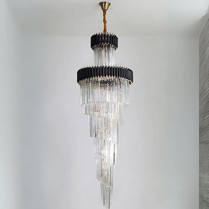Candelabru Cristal VERSAILLES Ascendere 27xE14, Diametru 60cm, Auriu Lucios si Negru, Inaltime Reglabila