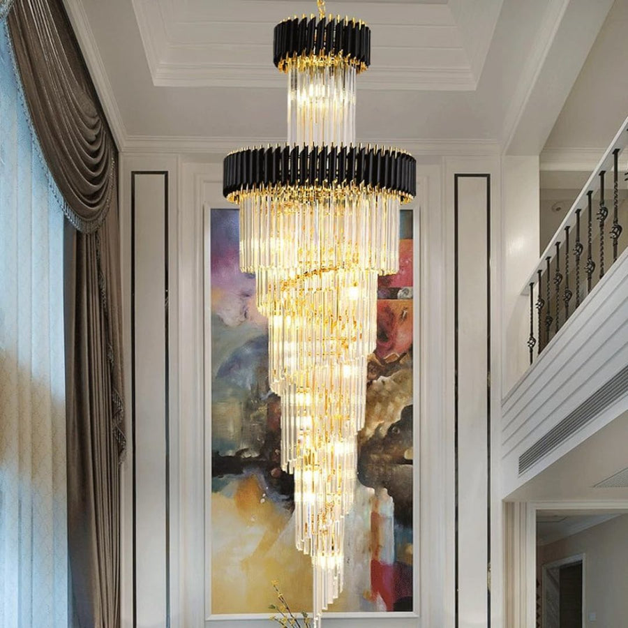 Candelabru Cristal VERSAILLES Ascendere 27xE14, Diametru 60cm, Auriu Lucios si Negru, Inaltime Reglabila