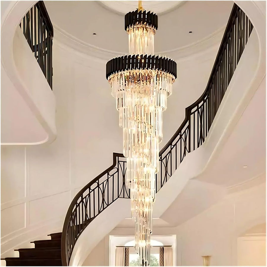 Candelabru Cristal VERSAILLES Ascendere 27xE14, Diametru 60cm, Auriu Lucios si Negru, Inaltime Reglabila