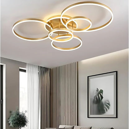 Lustra LED cu Telecomnda DARIO, 5 cercuri, 120W, Lumina Calda/Rece/Neutra, Dimabila, Auriu