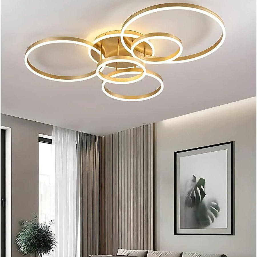 Lustra LED cu Telecomnda DARIO, 5 cercuri, 120W, Lumina Calda/Rece/Neutra, Dimabila, Auriu