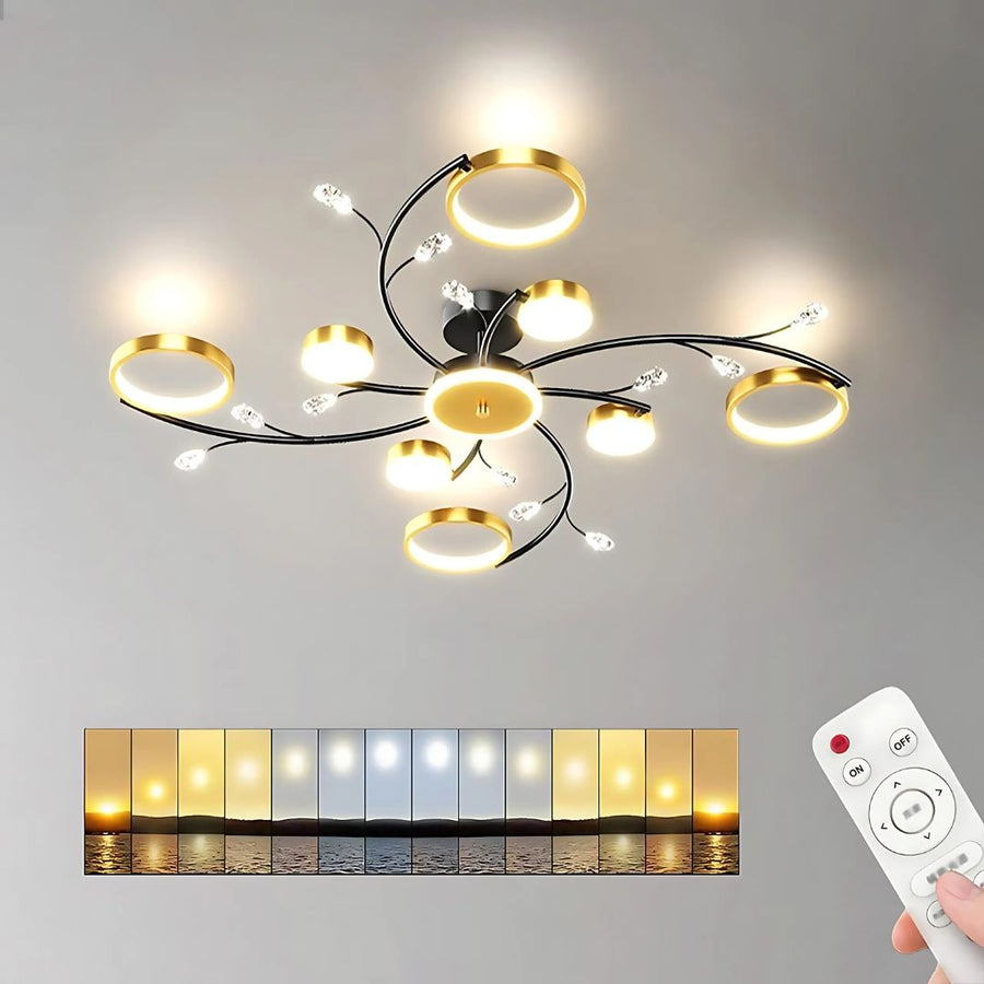 Lustra LED cu Telecomnda KARINA, 65W, 8 Elemente, Lumina Calda/Rece/Neutra, Dimabila, Auriu