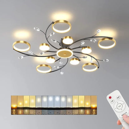 Lustra LED cu Telecomnda KARINA, 68W, 10 Elemente, Lumina Calda/Rece/Neutra, Dimabila, Auriu
