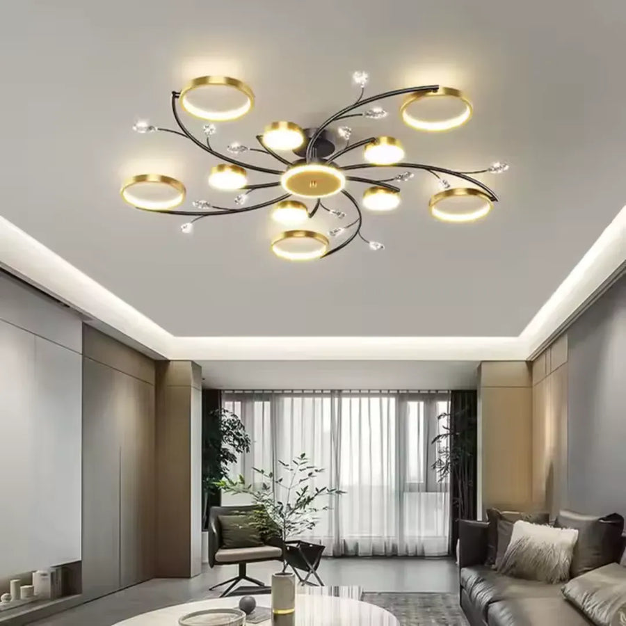 Lustra LED cu Telecomnda KARINA, 68W, 10 Elemente, Lumina Calda/Rece/Neutra, Dimabila, Auriu