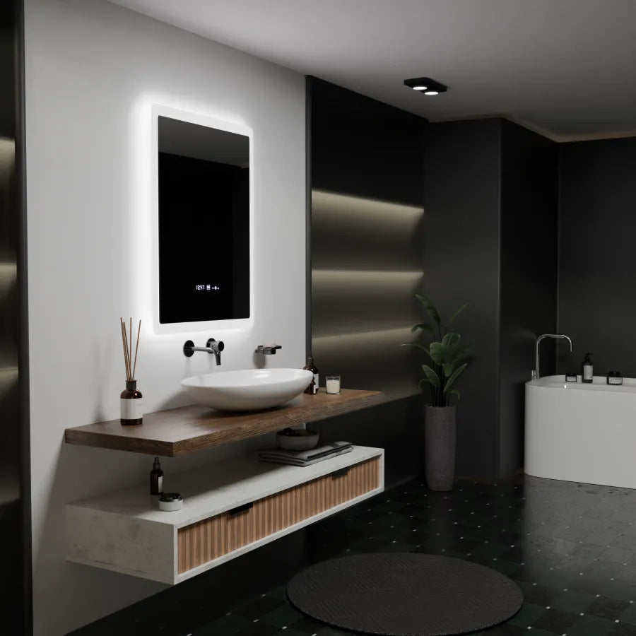 Ορθογώνιος καθρέφτης LED, 60x80cm, αισθητήρας Pugliesi MotionGlow Marcello, Σύστημα αποθαμβώματος, Ρολόι & Θερμόμετρο, Ρυθμιζόμενο