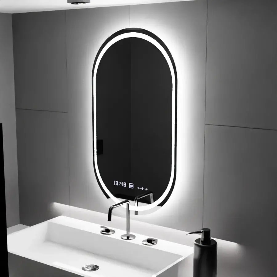 Oval LED Mirror 60x80cm Eminence Motionglow Marcellow Dimable Clock Disrosting System