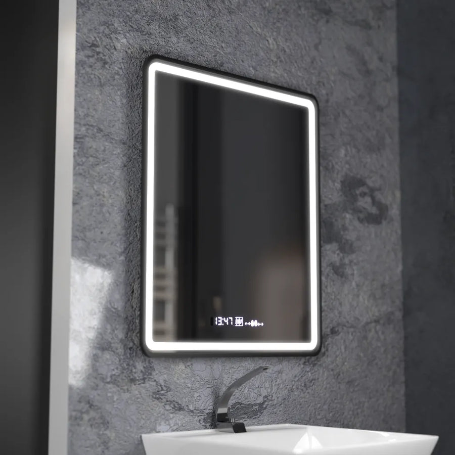 Mirror LED Touch Favola System Decrosting Neagra Clock and Therement 75x90 CM Marcello Funghi Collection