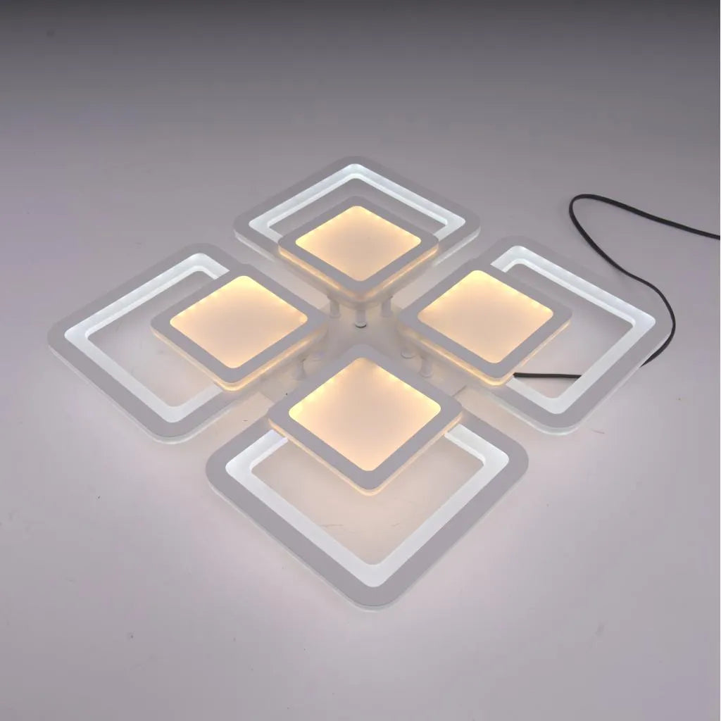 LED πολυέλαιος με τηλεχειριστήριο σουσάμι, 77W, 4 τετράγωνα, κρύο/ζεστό/ουδέτερο φως, ασταθές, λευκό