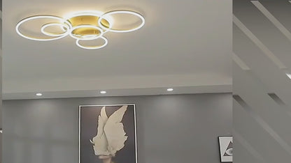 Lustra LED cu Telecomnda DARIO, 5 cercuri, 120W, Lumina Calda/Rece/Neutra, Dimabila, Auriu