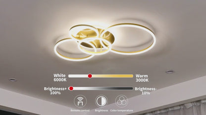 Lustra LED cu Telecomanda DARIO, 4 cercuri, 103W, Lumina Calda/Rece/Neutra, Dimabila, Auriu