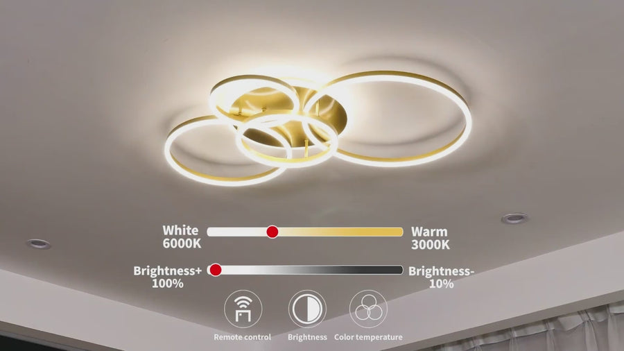Lustra LED cu Telecomanda DARIO, 4 cercuri, 103W, Lumina Calda/Rece/Neutra, Dimabila, Auriu